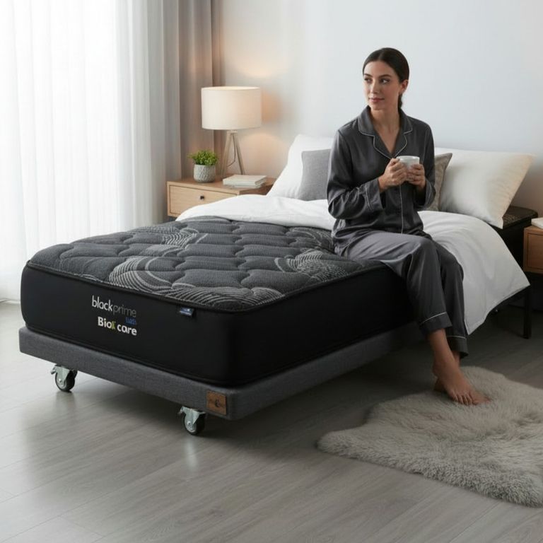 Cama 1 Plaza Box 8 cm - L190 cm + Colchon Black Prime - Modelo Uno / Con Rueda Pyton(Gris)