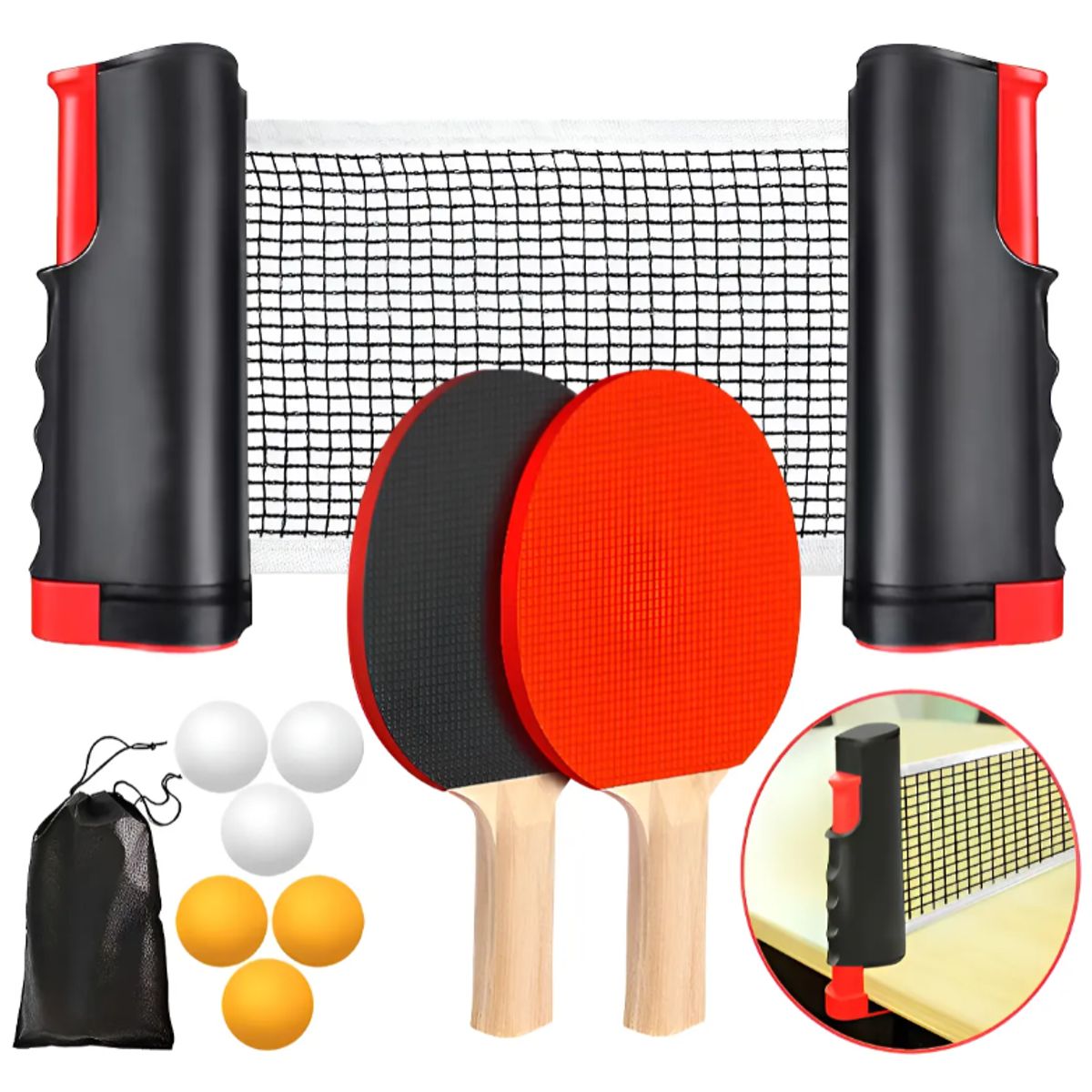 GENERICO - Set Ping Pong Tenis Mesa 2 Paleta + 3 Pelotas + Malla K-fit Negro