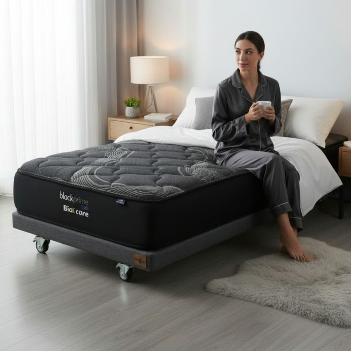 BLOCCARE - Cama 1 Plaza  Box 8 cm - L200 cm  + Colchon Black Prime - Modelo Uno / Con Rueda Divan (Gris)