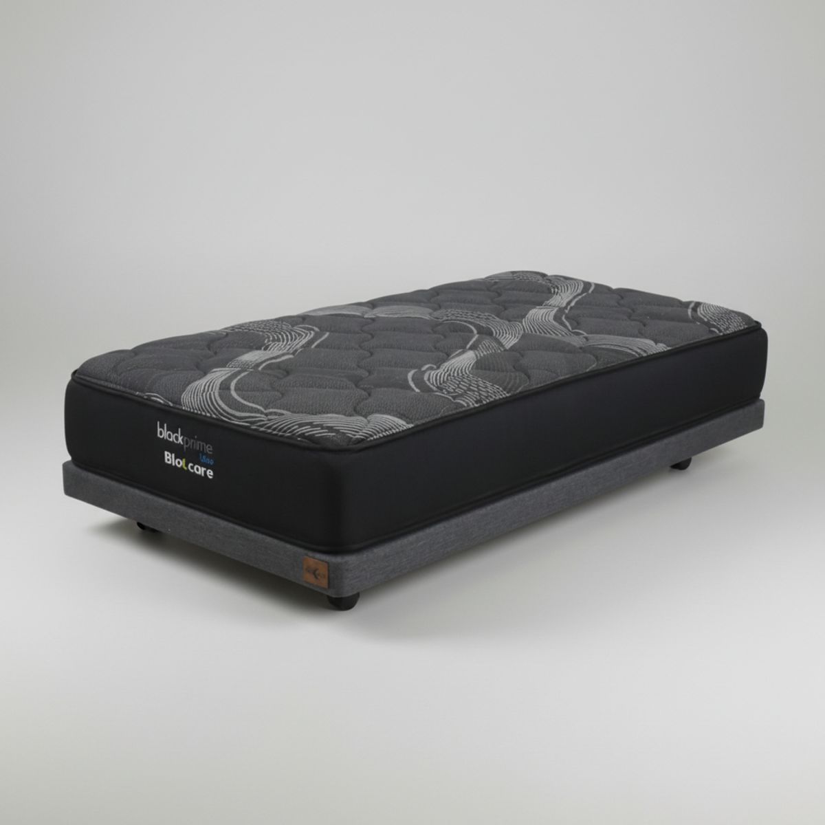 BLOCCARE - Cama 1 Plaza  Box 8 cm - L200 cm  + Colchon Black Prime - Modelo Uno / Con Rueda Divan (Gris)