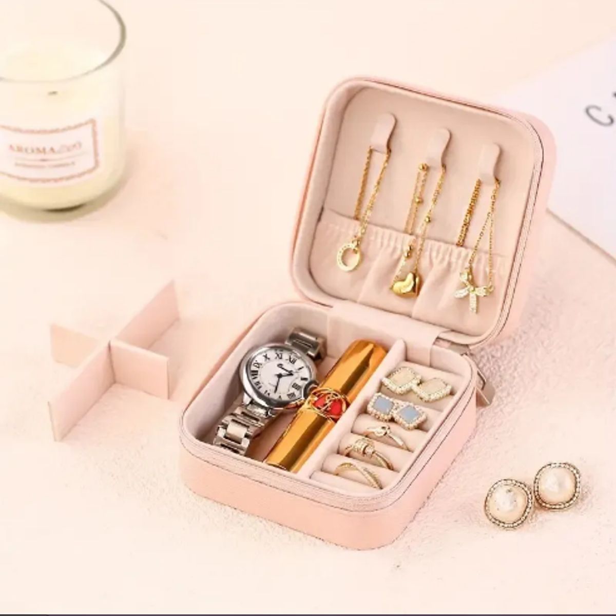 GENERICO - Joyero Portátil Mini Caja Organizadora De Anillos Collares Rosa