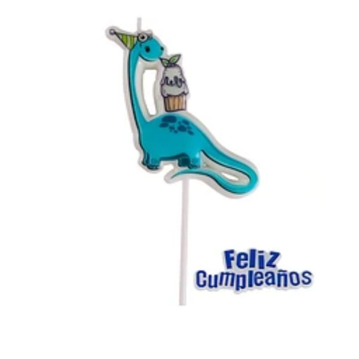 GENERICO - Vela dinosaurio feliz cumpleaños azul 8x15cm