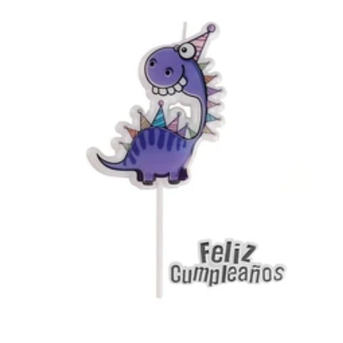 GENERICO - Vela dinosaurio feliz cumpleaños purpura 8x15cm