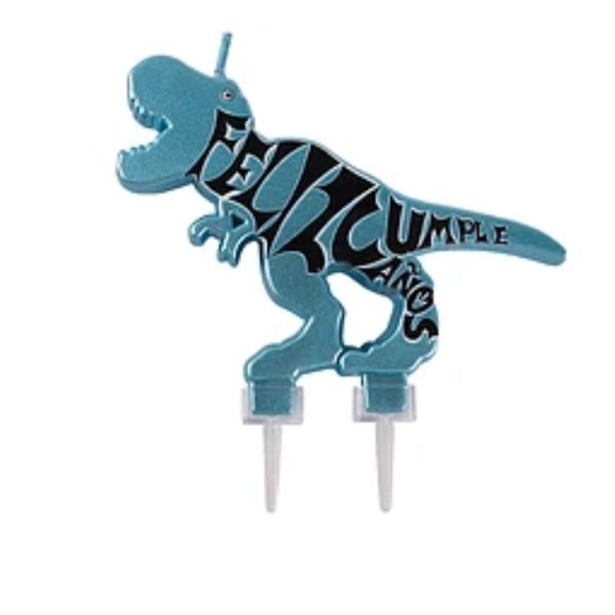 GENERICO - Vela dinosaurio feliz cumpleaños azul 10x10cm