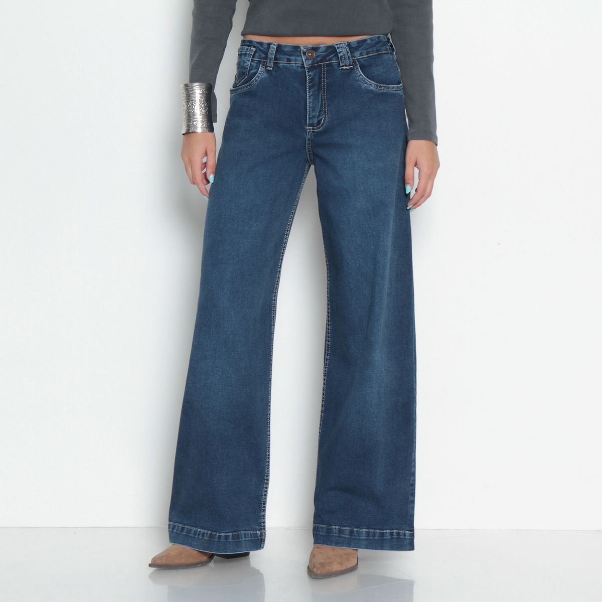 WADOS - JEANS MUJER WIDE TIRO ALTO PRETINA BASICA 1 BOTON
