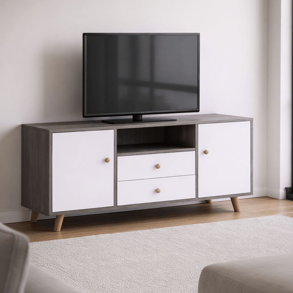 SPACE HOME - Rack TV 120 cm Terra Nova 2 Puertas 2 Cajones Gris Blanco