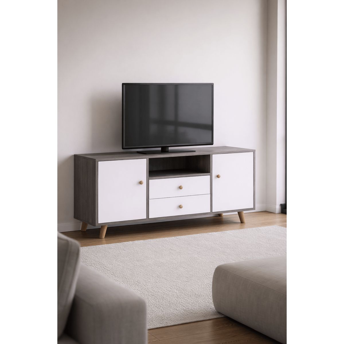 SPACE HOME - Rack TV 120 cm Terra Nova 2 Puertas 2 Cajones Gris Blanco