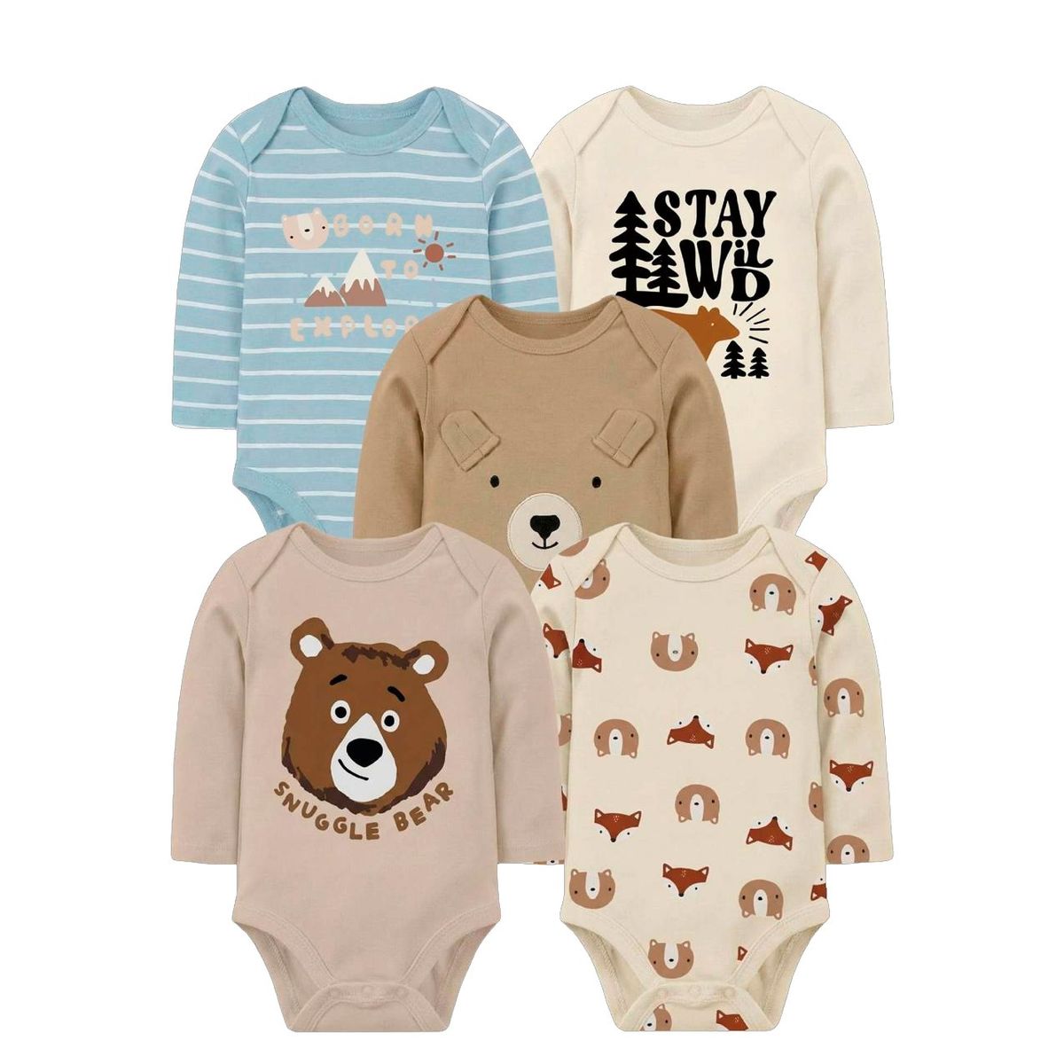 TEDMIMAK - bodys manga larga pack  5 unidades oso cafe