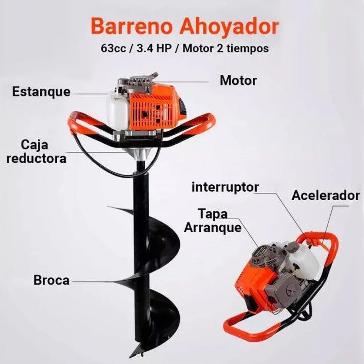 GENERICO - Ahoyador Barreno 63cc 3 Brocas y Extension Lic Japones Color Naranja Claro