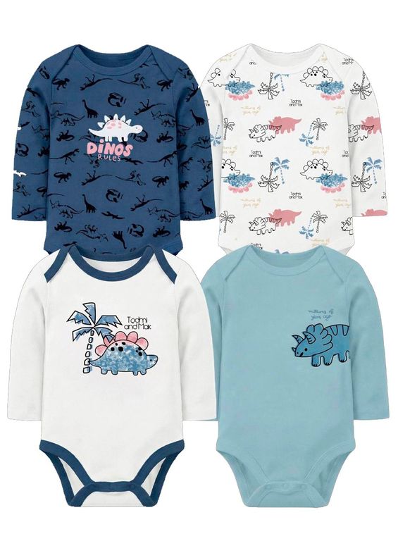 Bodys manga larga 100% algodon pack de 4 unidades dinosaurio celeste Multicolor 0-3 MESES