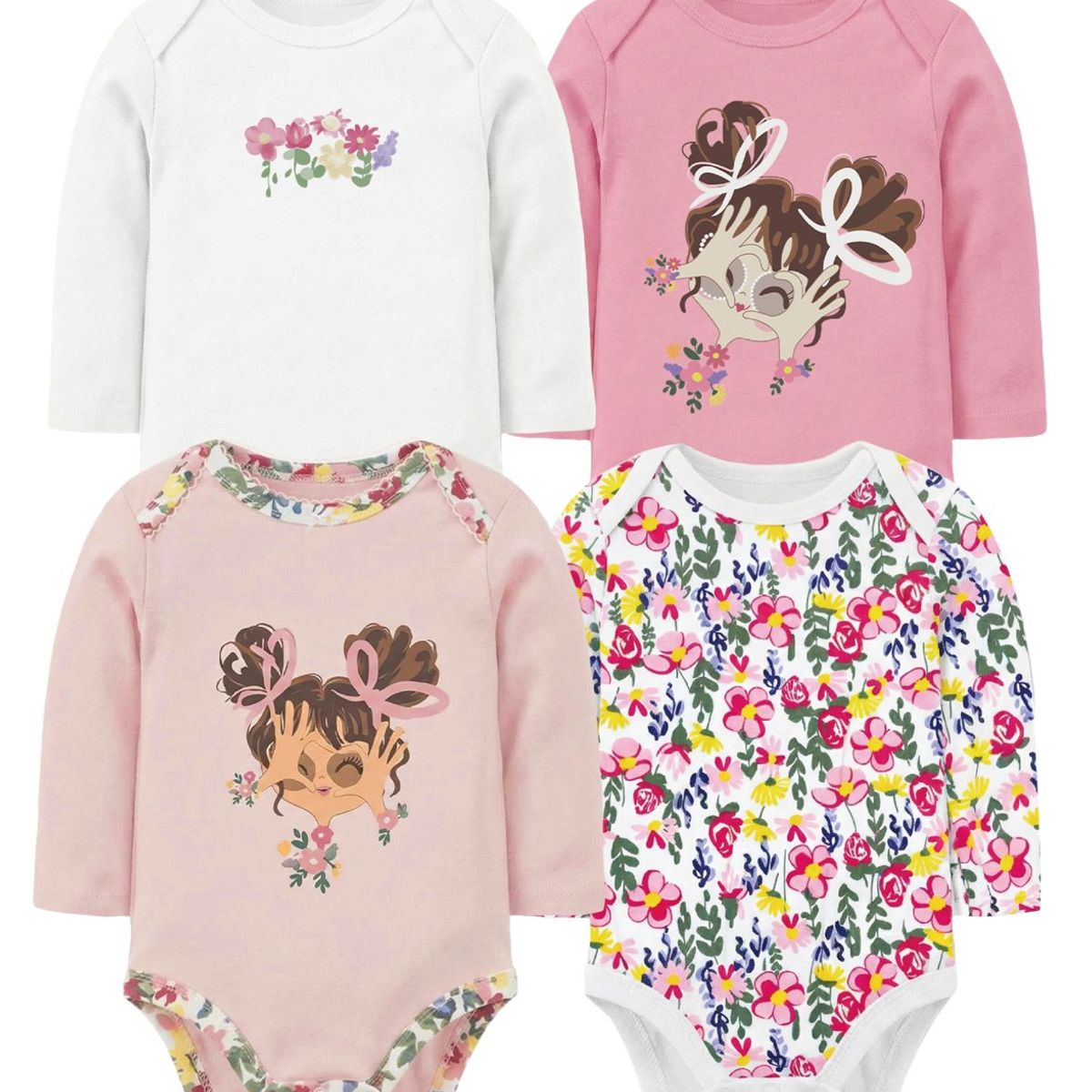 TEDMIMAK - bodys manga larga 100% algodon pack de 4 unidades niña