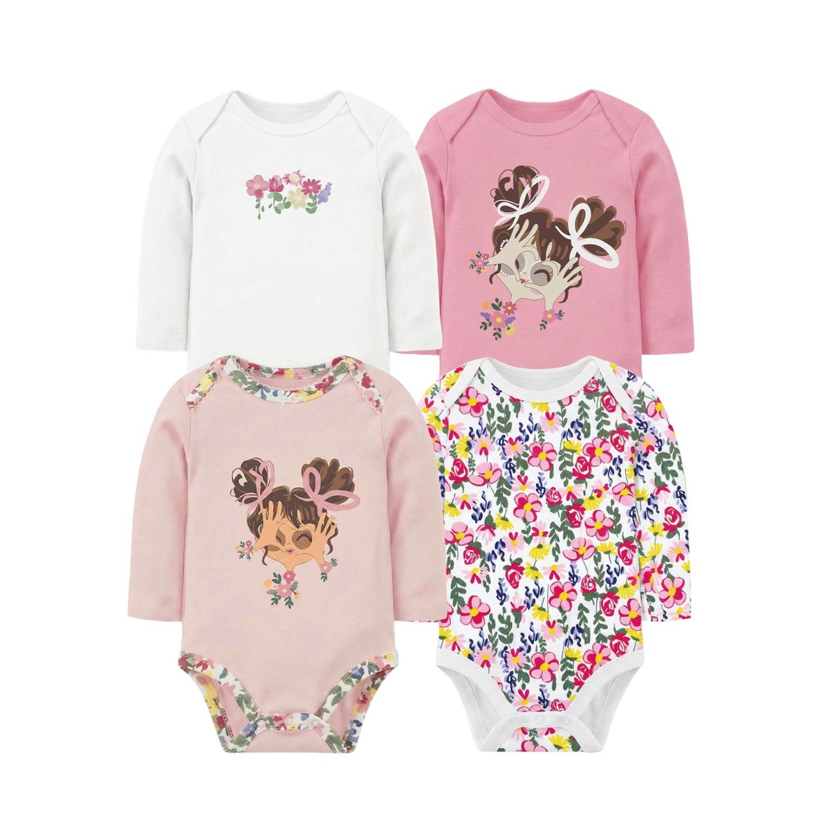 TEDMIMAK - bodys manga larga 100% algodon pack de 4 unidades niña