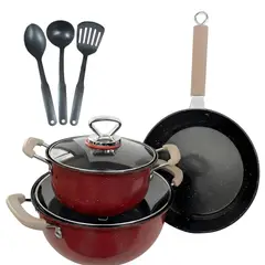 GENERICO - Set de Ollas y Sartenes 3 Piezas con Utensilios - Medidas 20/24/26 cm - Acabado Rojo