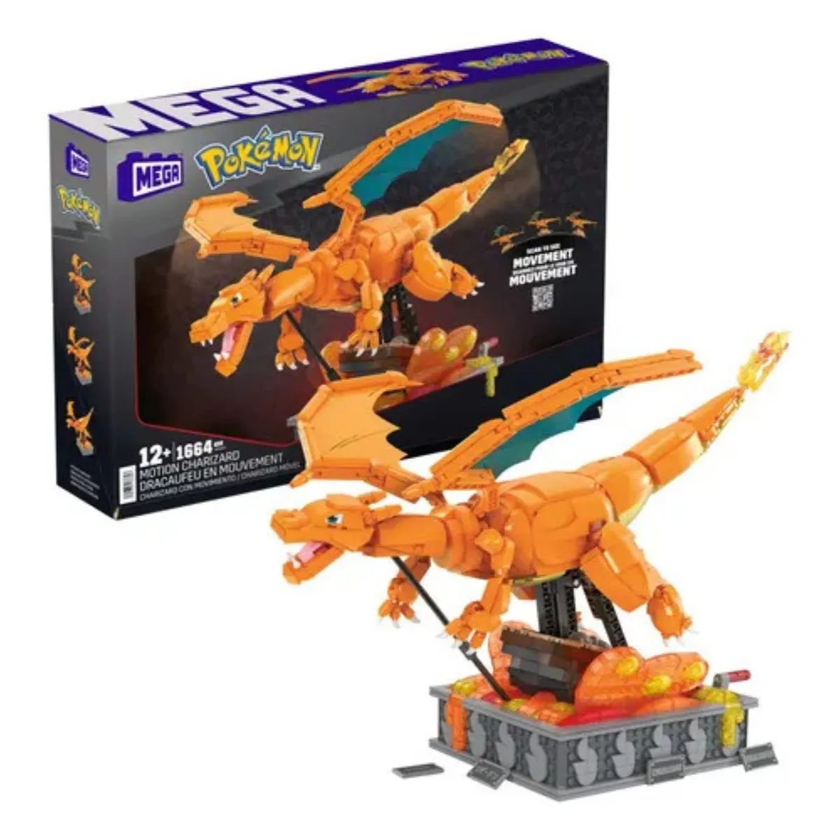 MEGA CONSTRUX - Set de Construcción MEGA Pokémon Charizard Motion Premium 1664 Piezas - Movimiento de Alas y Lava Coleccionable