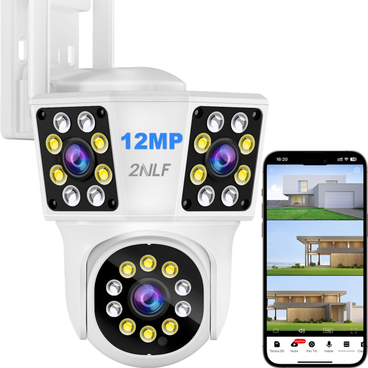 2NLF - 2nlf® 12mp Cámara de Seguridad Exterior 3 Lentes 3 Pantalla Zoom Digital 10xCámara Vigilancia Blanco