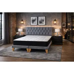 GENERICO - Cama 2 Plazas con Colchón Bonell + Box Tapizado + Respaldo Capitone de Felpa Gris