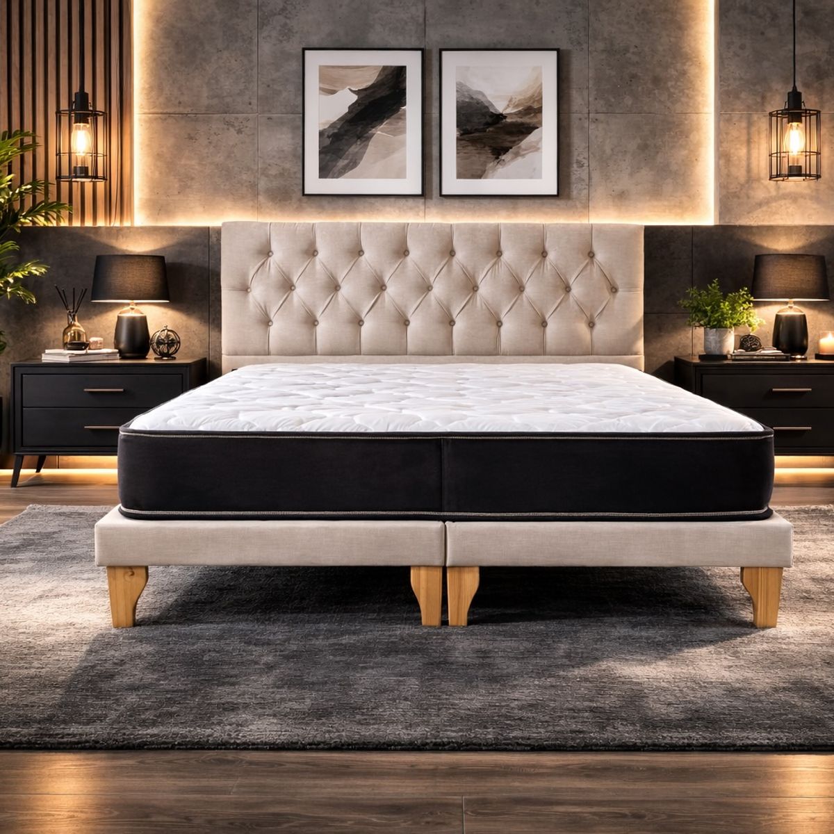 GENERICO - Set Cama 2 Plazas con Colchón Híbrido Bonell, Box Tapizado y Respaldo Capitone en Lino Beige