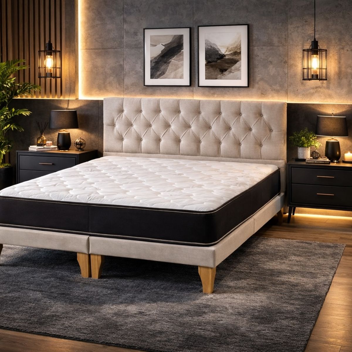 GENERICO - Set Cama 2 Plazas con Colchón Híbrido Bonell, Box Tapizado y Respaldo Capitone en Lino Beige