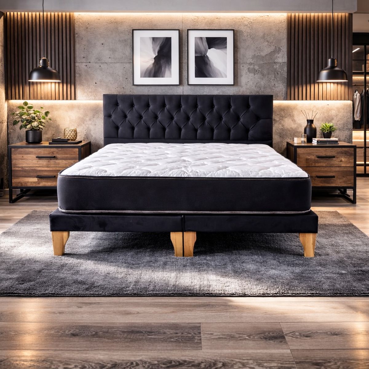 GENERICO - Set Cama 2 Plazas con Colchón Bonell + Box Tapizado + Respaldo Capitone Negro