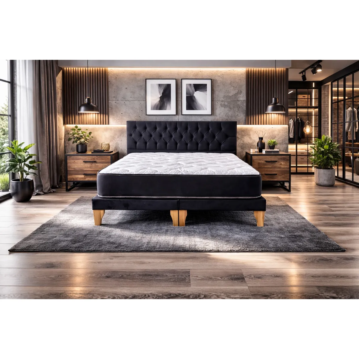 GENERICO - Set Cama 2 Plazas con Colchón Bonell + Box Tapizado + Respaldo Capitone Negro