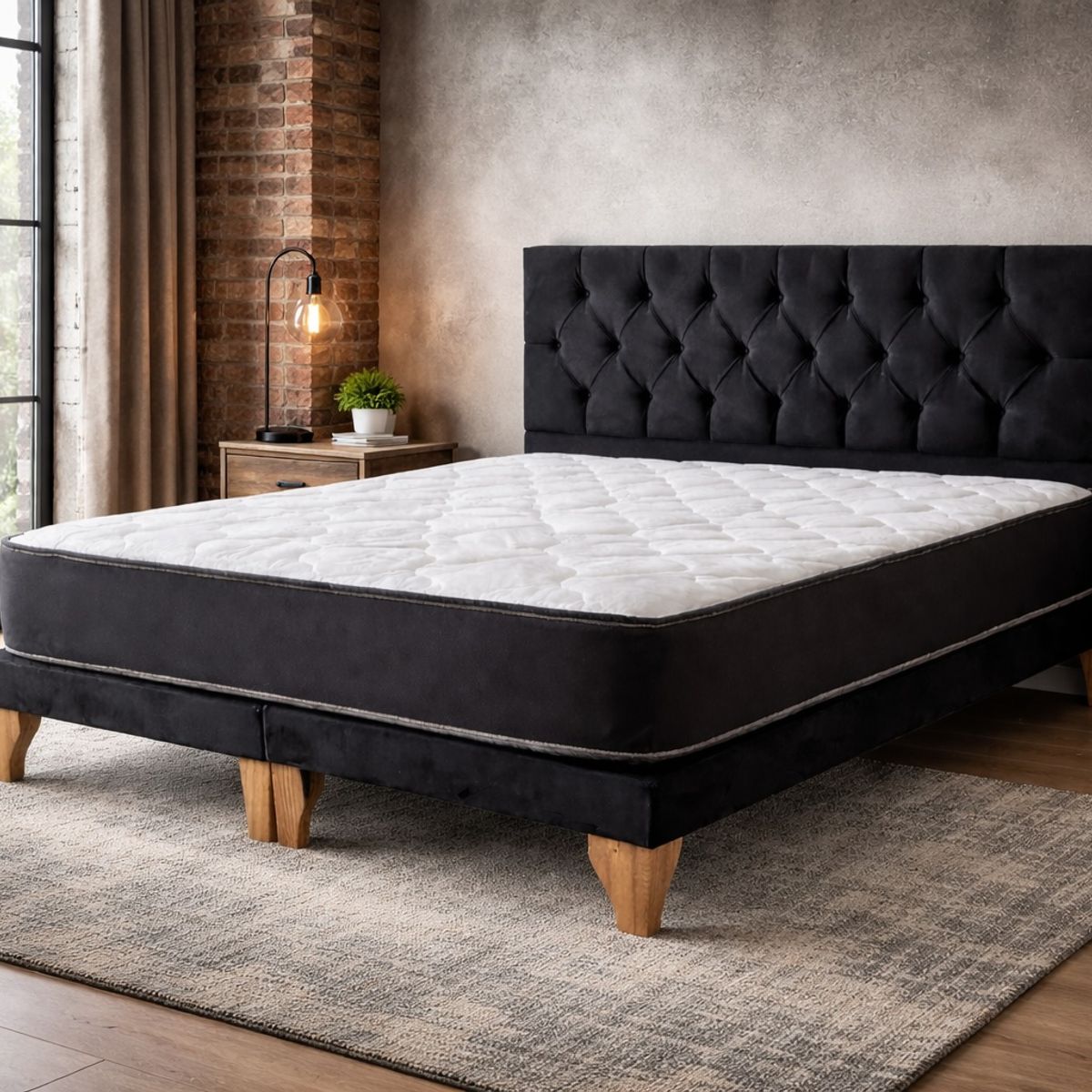GENERICO - Set Cama 2 Plazas con Colchón Bonell + Box Tapizado + Respaldo Capitone Negro