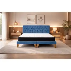 GENERICO - Set Cama 2 Plazas con Colchón Bonell + Box Tapizado + Respaldo Capitone Azul