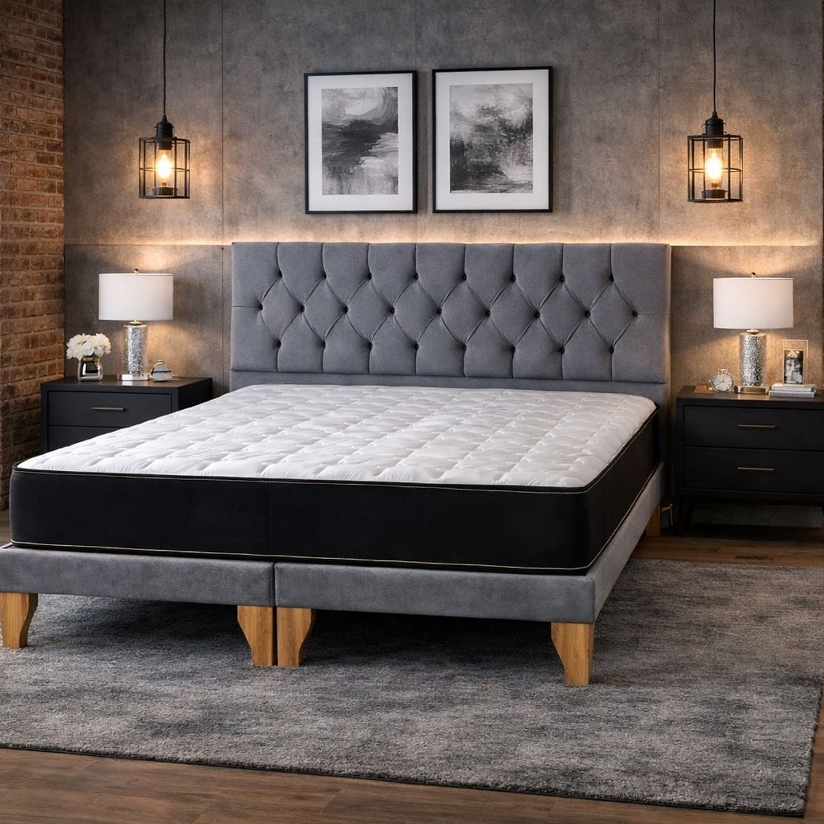 GENERICO - Set Cama 2 Plazas con Colchón Bonell + Box Tapizado + Respaldo Capitone Gris