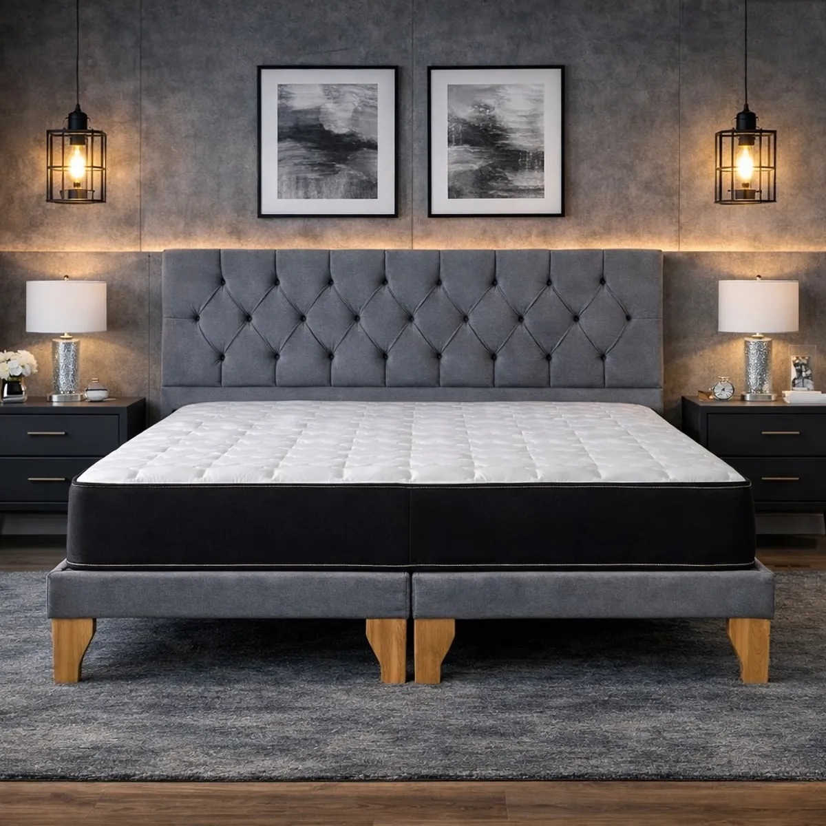 GENERICO - Set Cama 2 Plazas con Colchón Bonell + Box Tapizado + Respaldo Capitone Gris