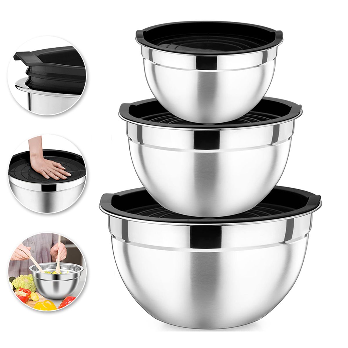 GENERICO - Bowls Con Tapa Acero Inoxidable Saludable Durable 3 Unidades