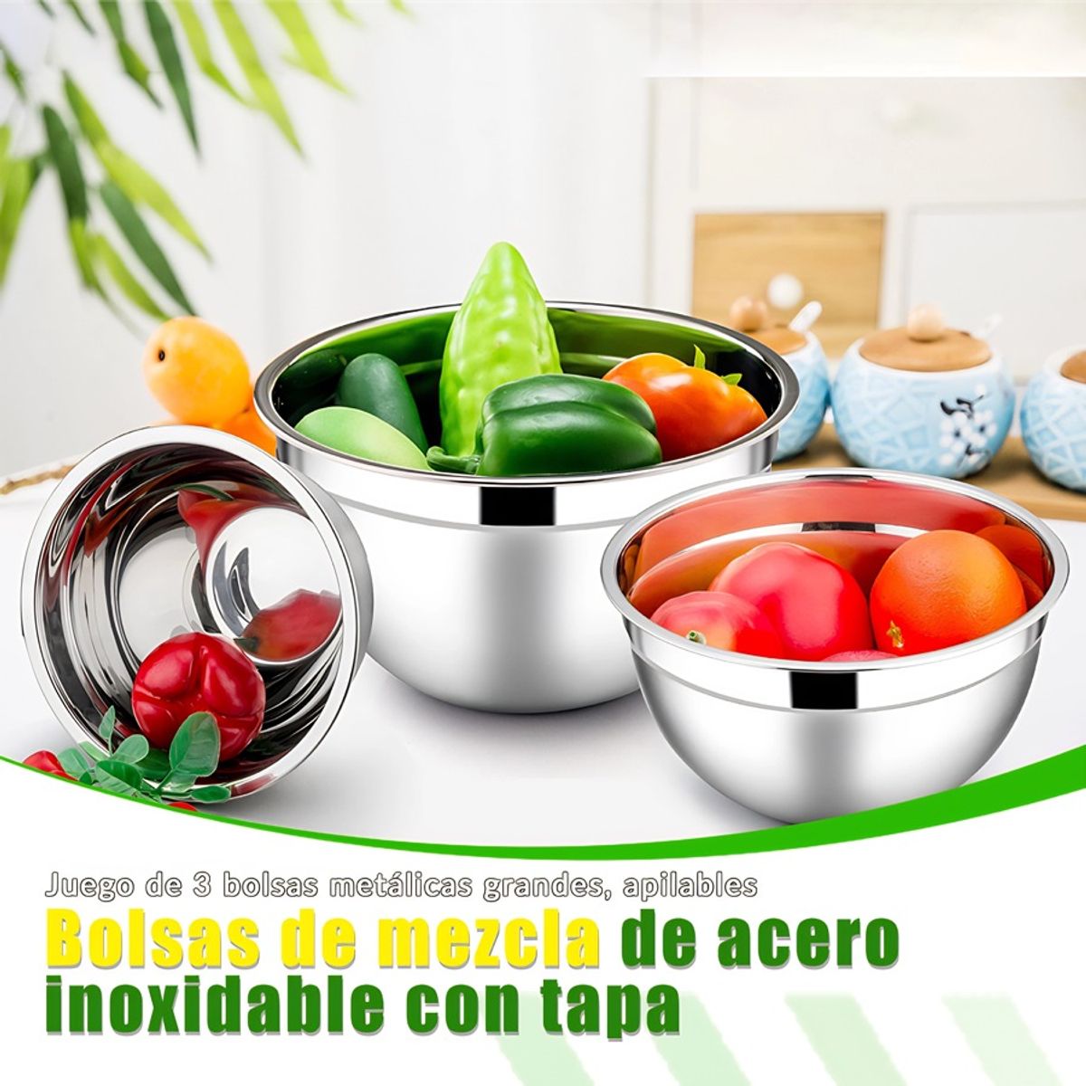 GENERICO - Bowls Con Tapa Acero Inoxidable Saludable Durable 3 Unidades