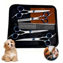 GENERICO - Tijeras Peluqueria Canina Mascota Acero Inoxidable Azul 4pcs