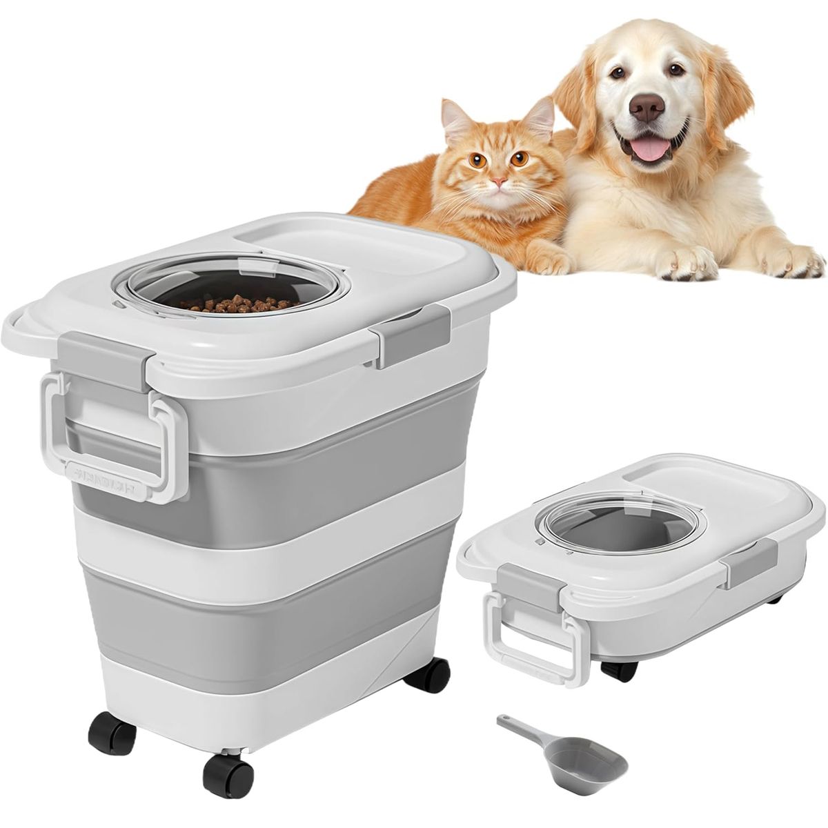 KUANGYE - Contenedor Alimento Mascotas Plegable 12kg Perros Gatos Rayas Gris