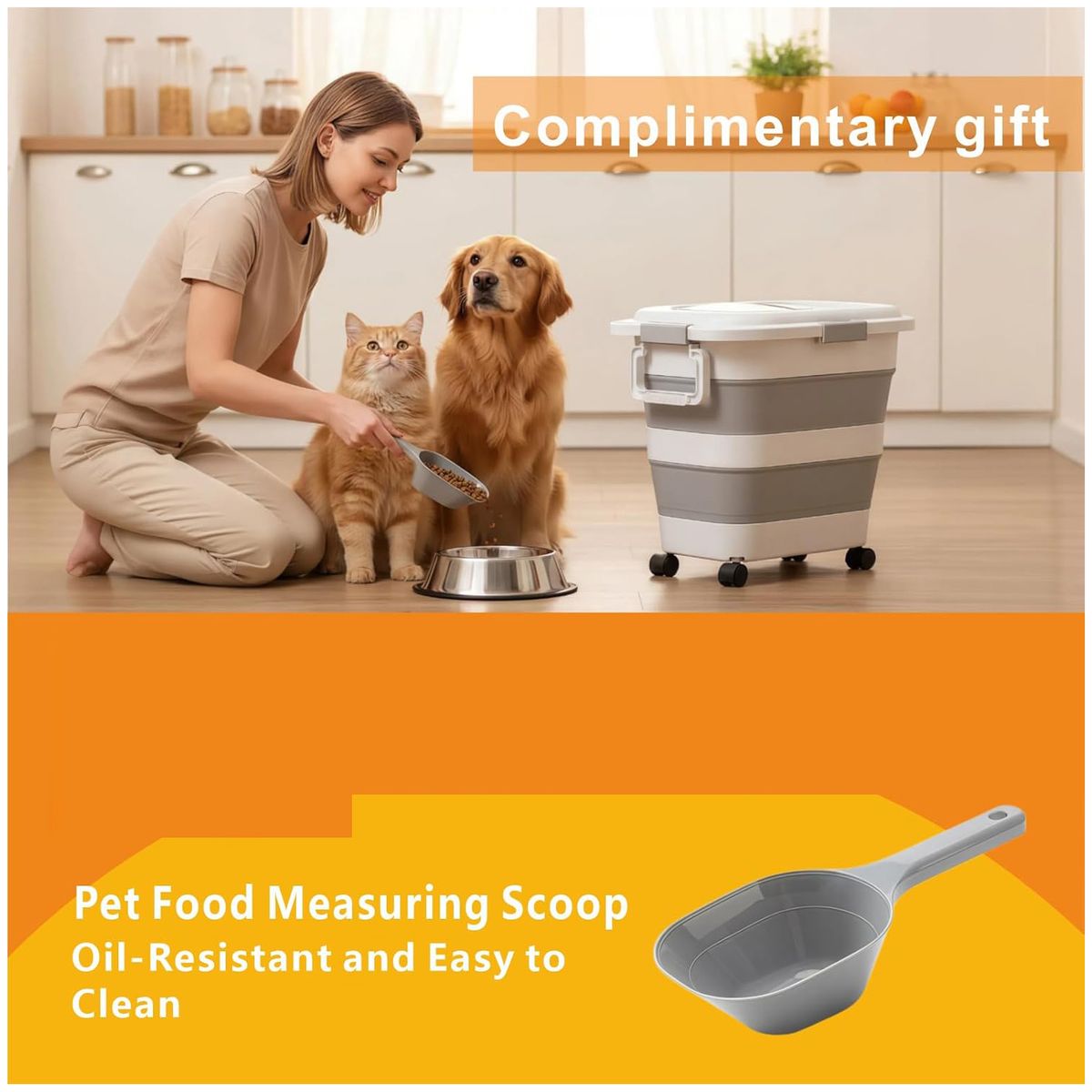 KUANGYE - Contenedor Alimento Mascotas Plegable 12kg Perros Gatos Rayas Gris