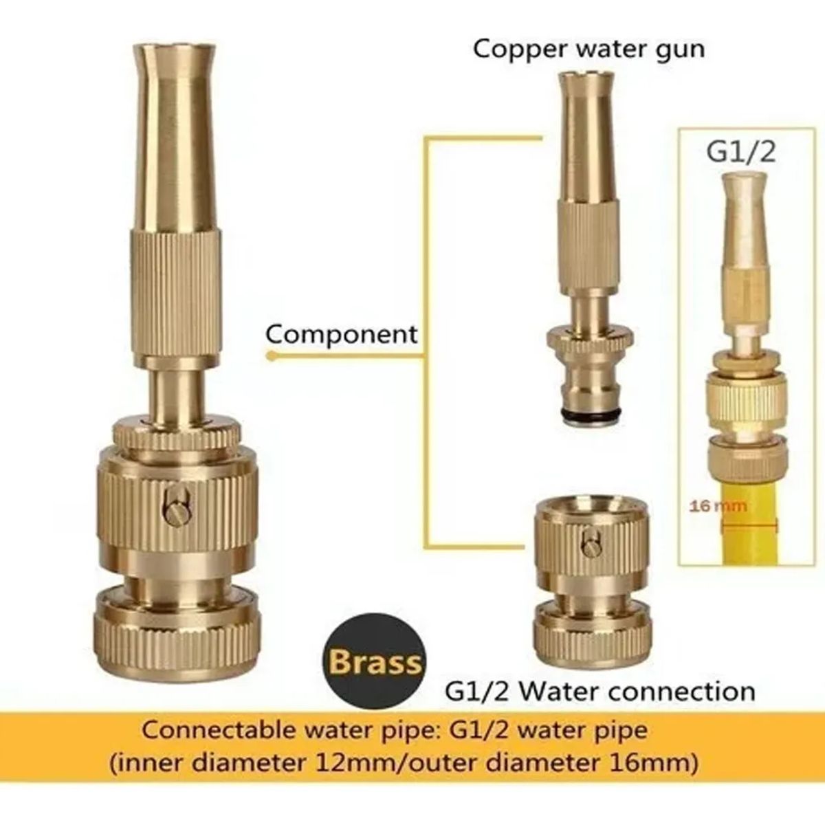 KUANGYE - Kit Conector Y Pistola Riego Pitón Para Manguera 12 Bronce