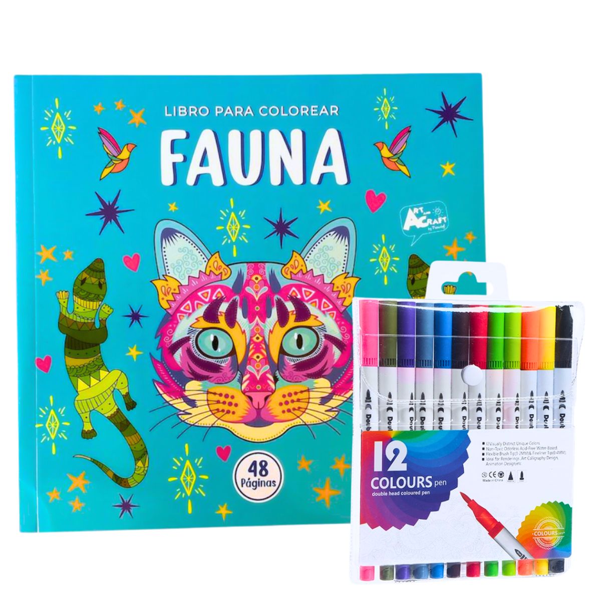 PRONOBEL - Libro Mándala Fauna + 12 Plumones Doble Punta Fina/gruesa