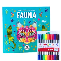 PRONOBEL - Libro Mándala Fauna + 12 Plumones Doble Punta Fina/gruesa