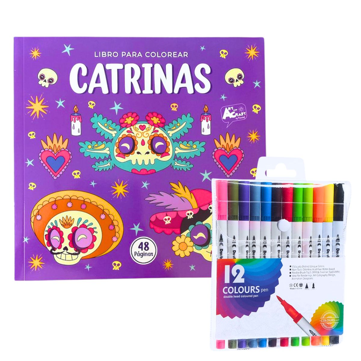PRONOBEL - Libro Mándala Catrinas + 12 Plumones Doble Punta Fina/gruesa