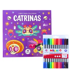 PRONOBEL - Libro Mándala Catrinas + 12 Plumones Doble Punta Fina/gruesa