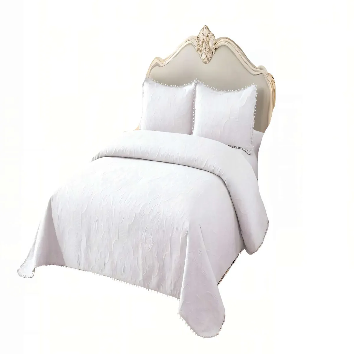 GENERICO - CUBRECAMA QUILT DE VERANO 1,5 PLAZAS CON POMPON COLOR BLANCO
