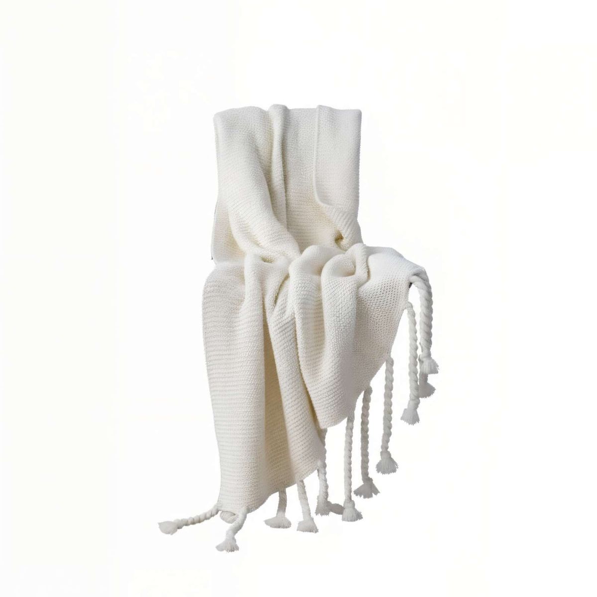 GENERICO - MANTA CHENILLE CON FLECOS DE SOGA TRENZADOS COLOR BLANCO