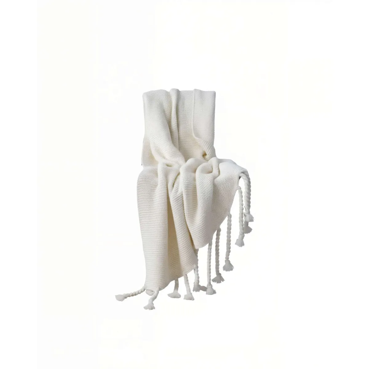 GENERICO - MANTA CHENILLE CON FLECOS DE SOGA TRENZADOS COLOR BLANCO