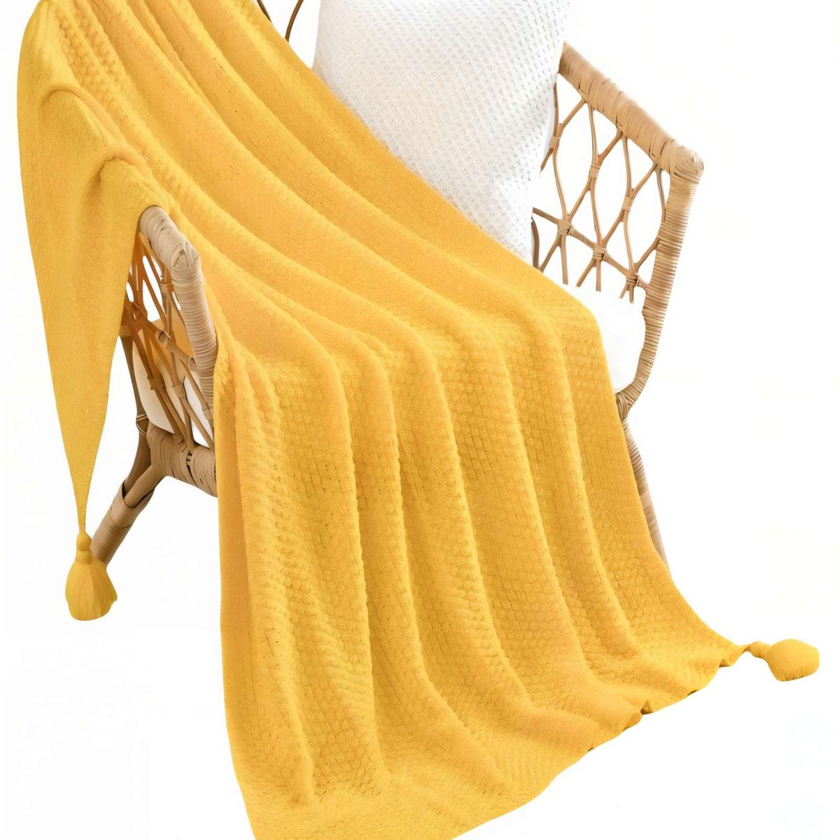 GENERICO - MANTA DE SOFÁ CON FLECOS DE SOGA COLOR AMARILLO
