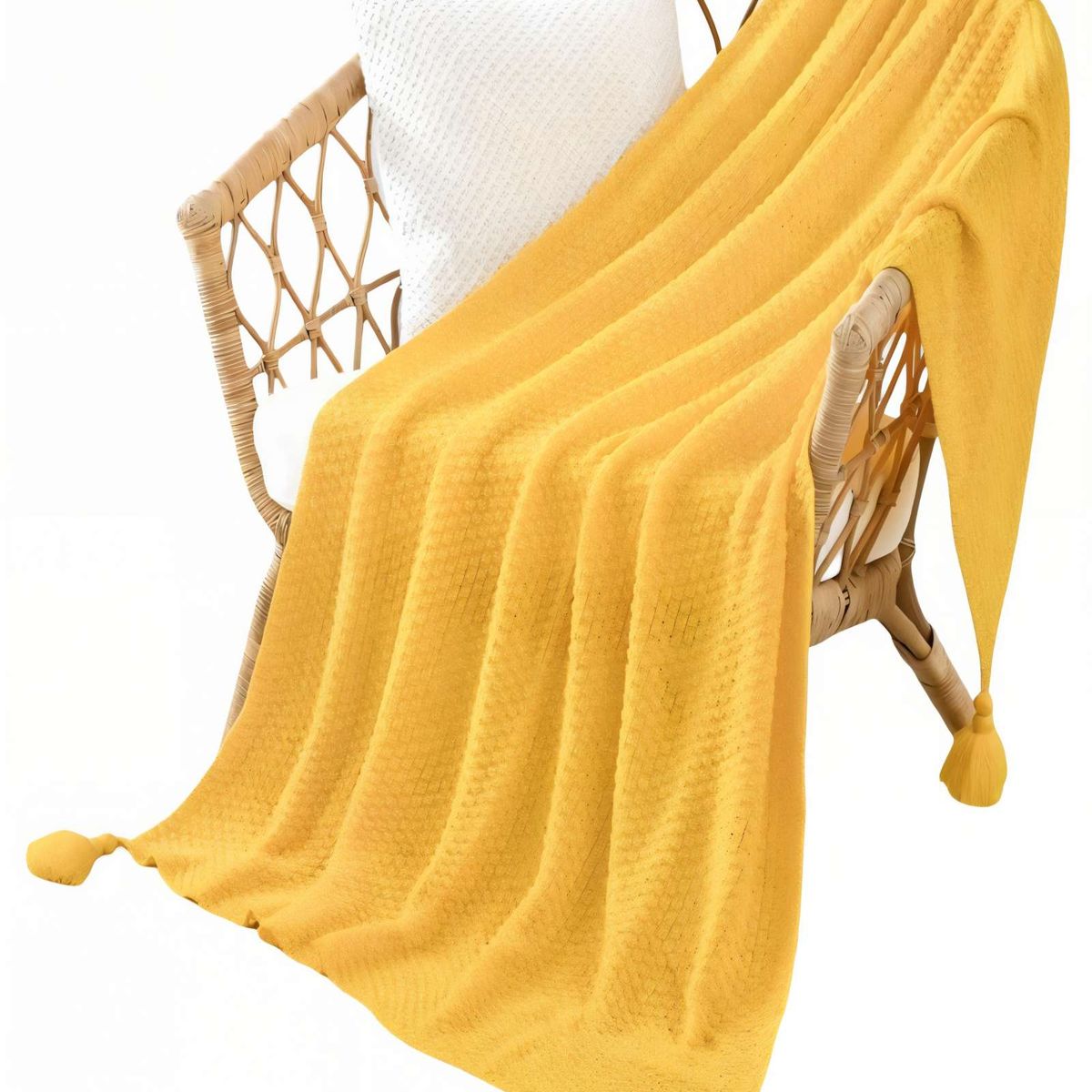 GENERICO - MANTA DE SOFÁ CON FLECOS DE SOGA COLOR AMARILLO
