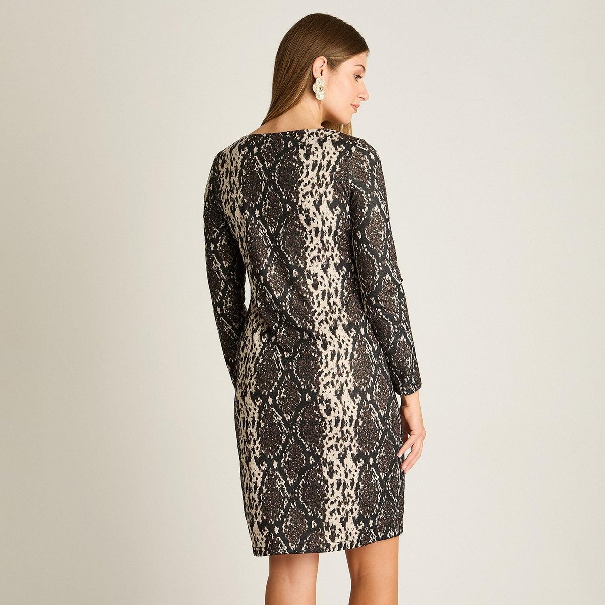 LORENZO DI PONTTI - Vestido Midi Café de Lanilla Estampado Manga Larga
