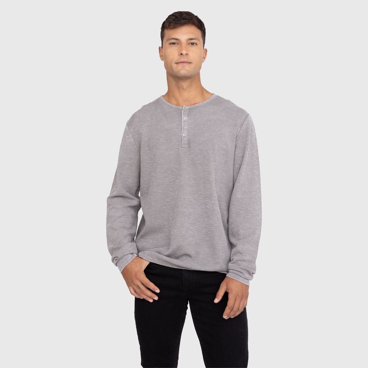 BLACK BUBBA - Polera Henley Waffle Manga Larga Gris Black Bubba