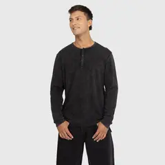 BLACK - Polera Henley Waffle Manga Larga Negra Bubba