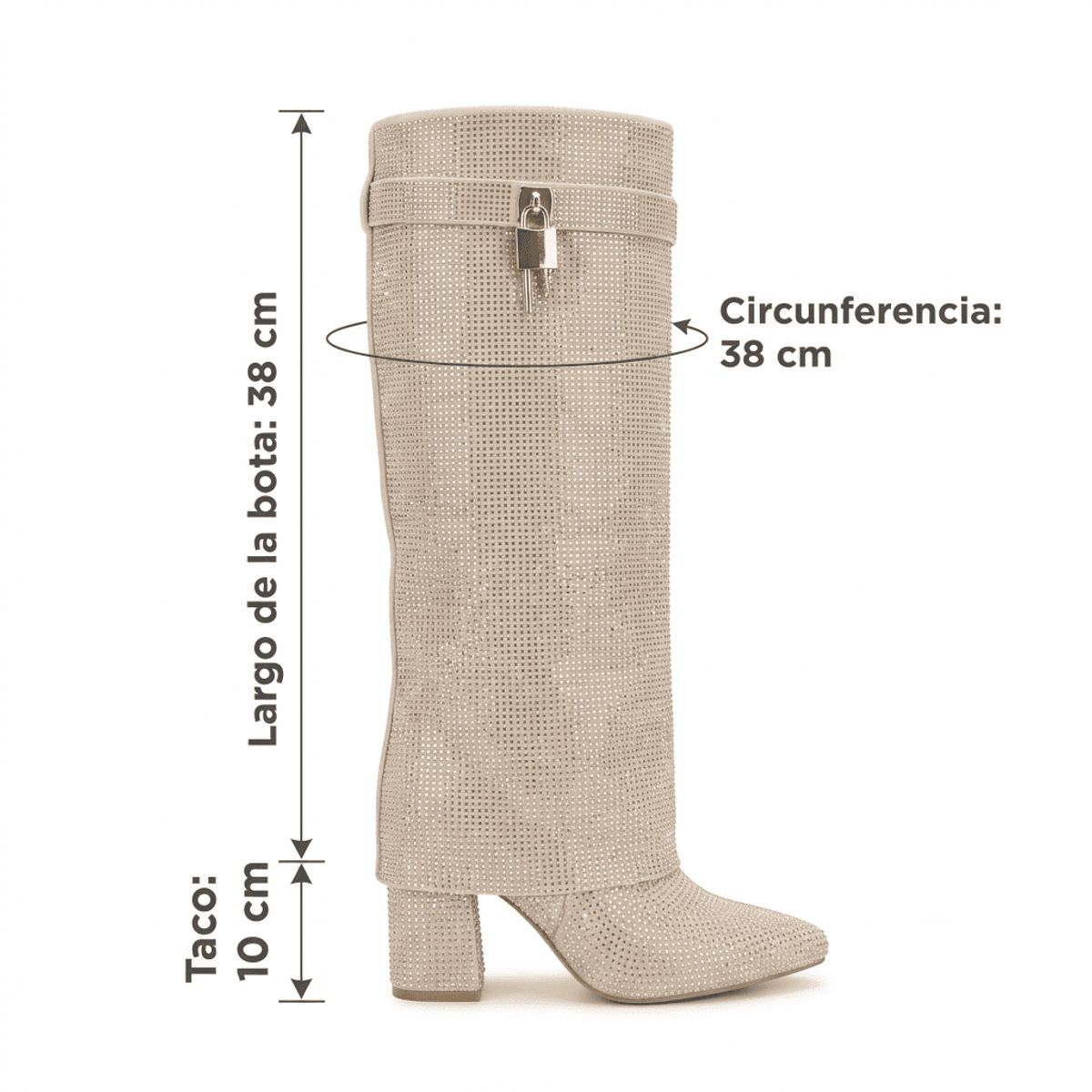 BOVINITA - Botin Mujer Bota Dorado Brillo Bucanera Larga Tacon Original
