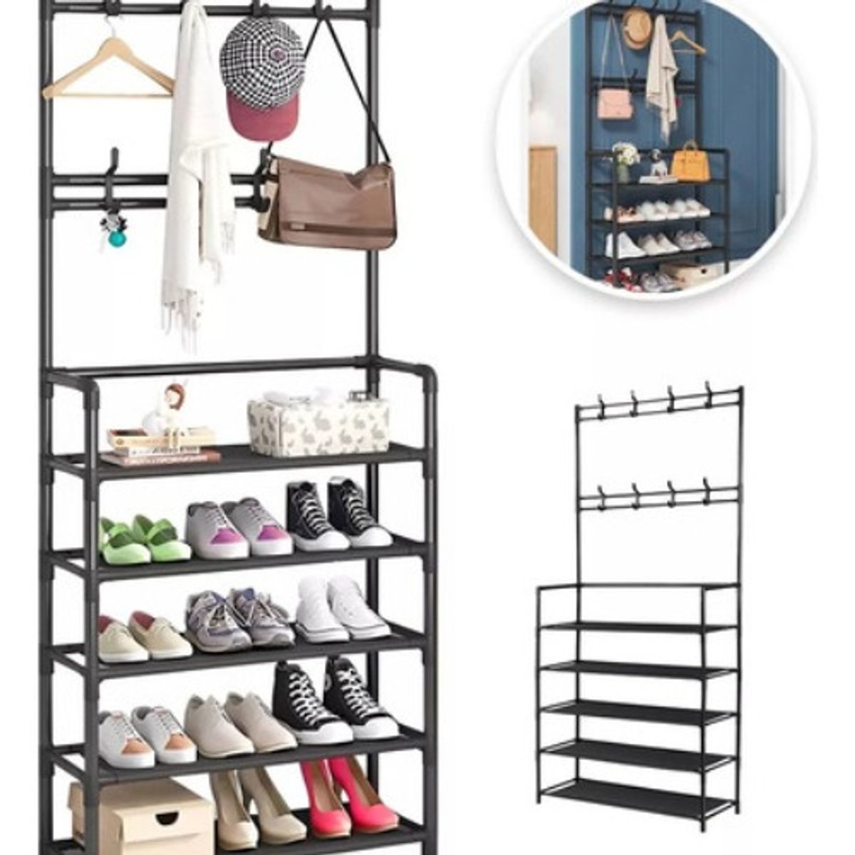 GENERICO - Perchero Zapatera 2 En 1 Organizador Rack Estante Ganchos Negro - 322019