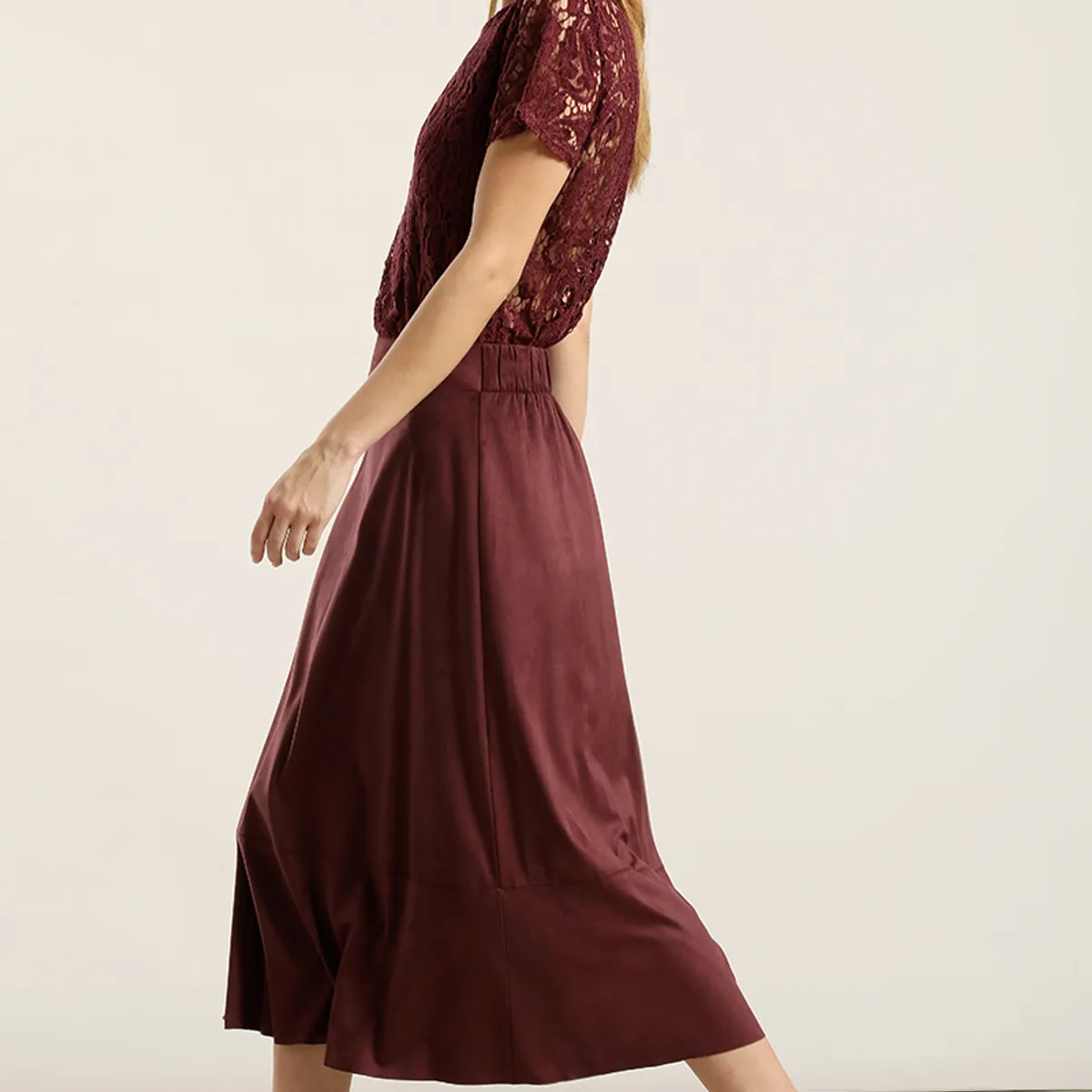 LIOLA - Falda larga, suede, burdeo Liola