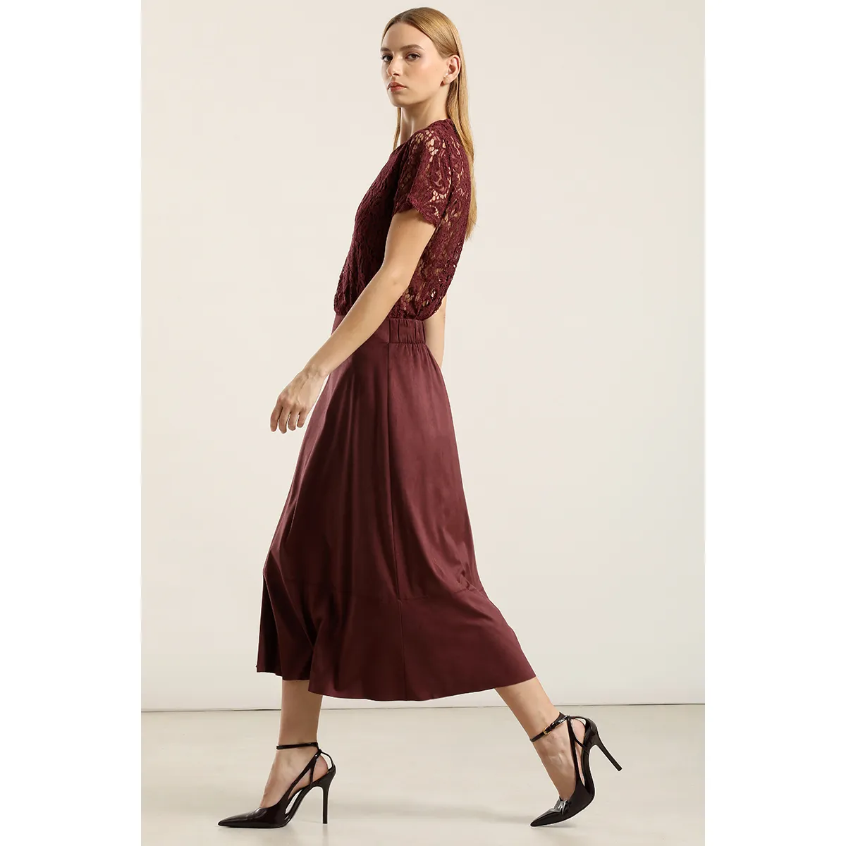 LIOLA - Falda larga, suede, burdeo Liola